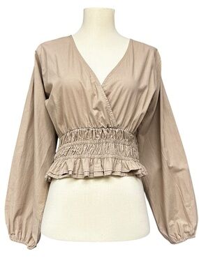 Sim & Sam Taupe Smocked Waist Peplum Wrap Blouse Small Cotton Boho